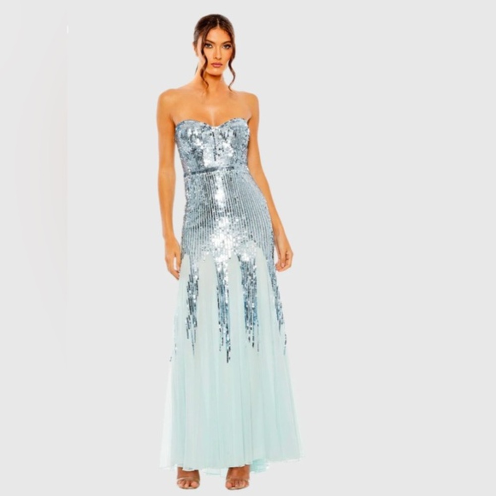 Mac Duggal Blue Sequin Mesh Gown